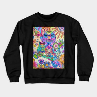 Colorful Pencil Sketch Owl Doodle Art Motif Crewneck Sweatshirt